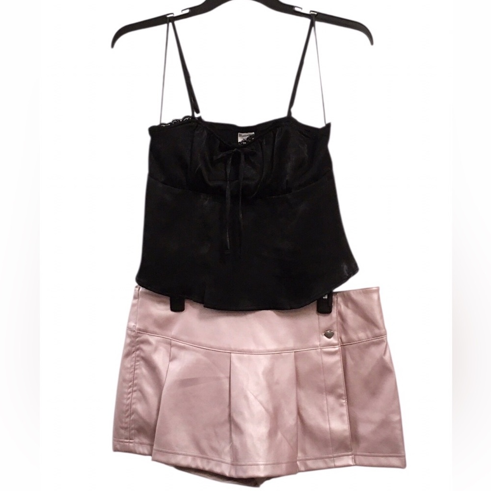 Black Satin Cami with Pale Pink Satin Skort Set